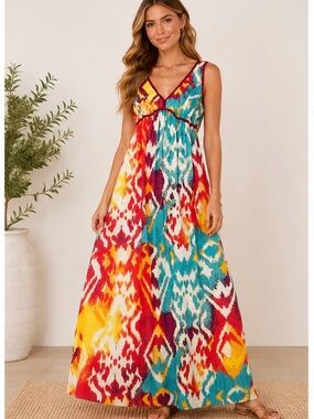 Chord Colorful Ikat Print Maxi Dress M
